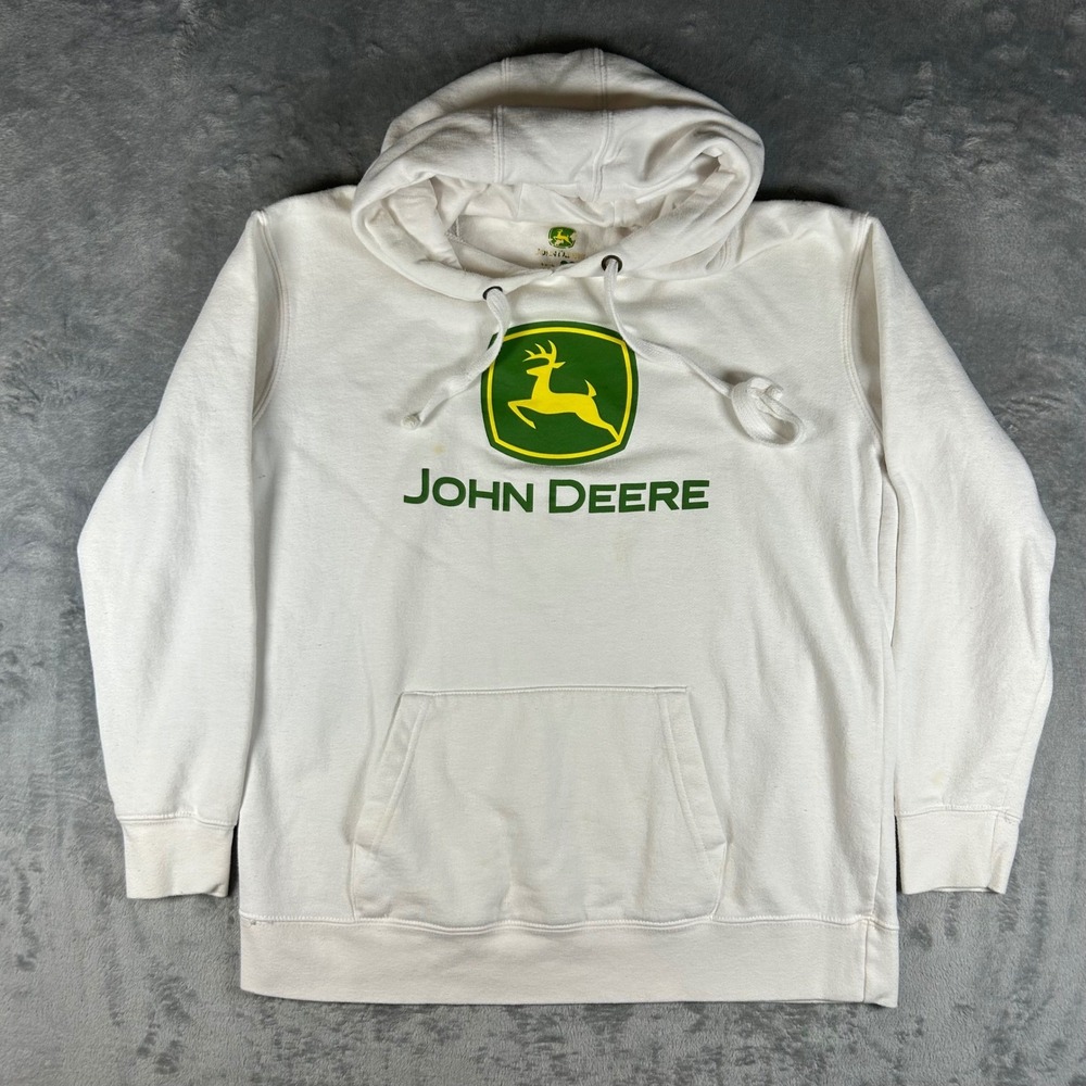 John Deere Womens White Logo Hoodie Pullover Sweatshirt Size M